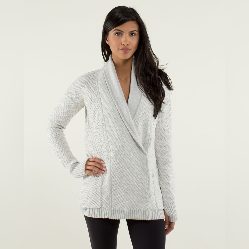 SOLD.  Lululemon “Post Practice Cardigan” Silverspoon/White.
